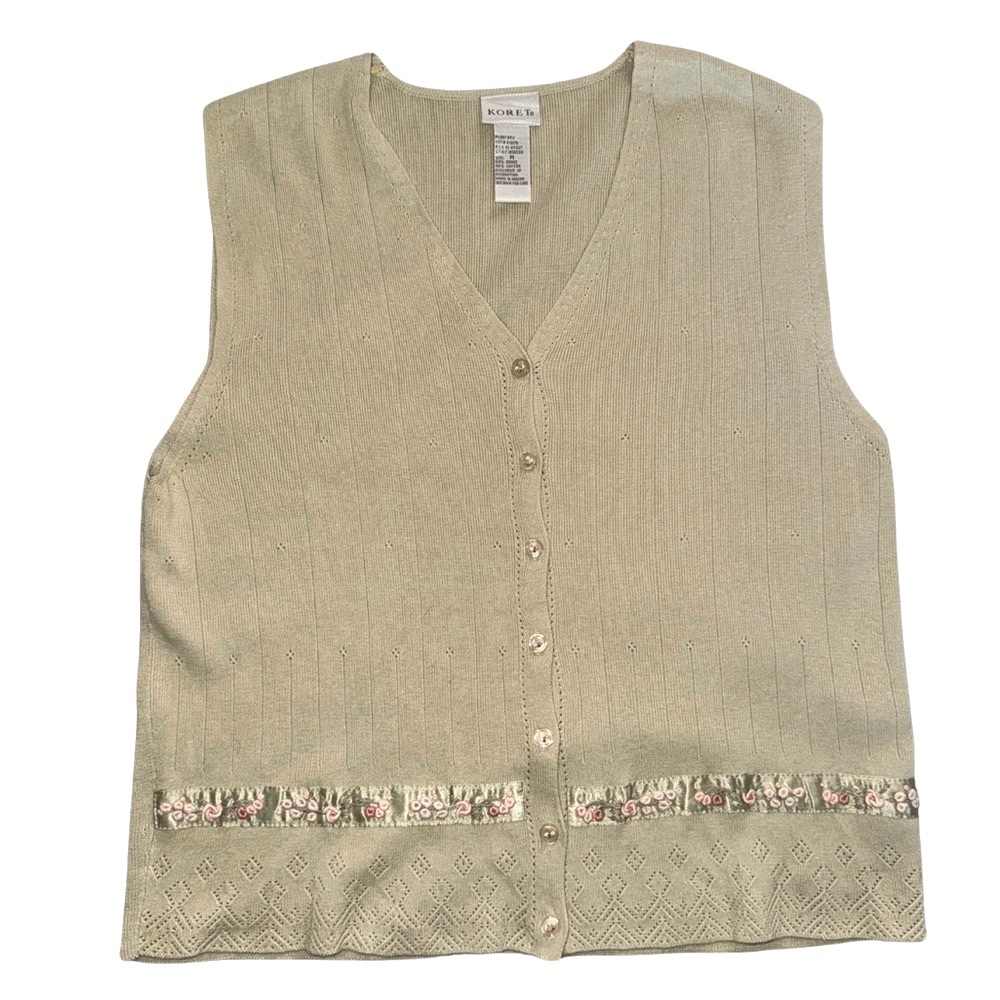 Koret NWT size 10-12 pastel green button up vest w/ pink embroidered flowers